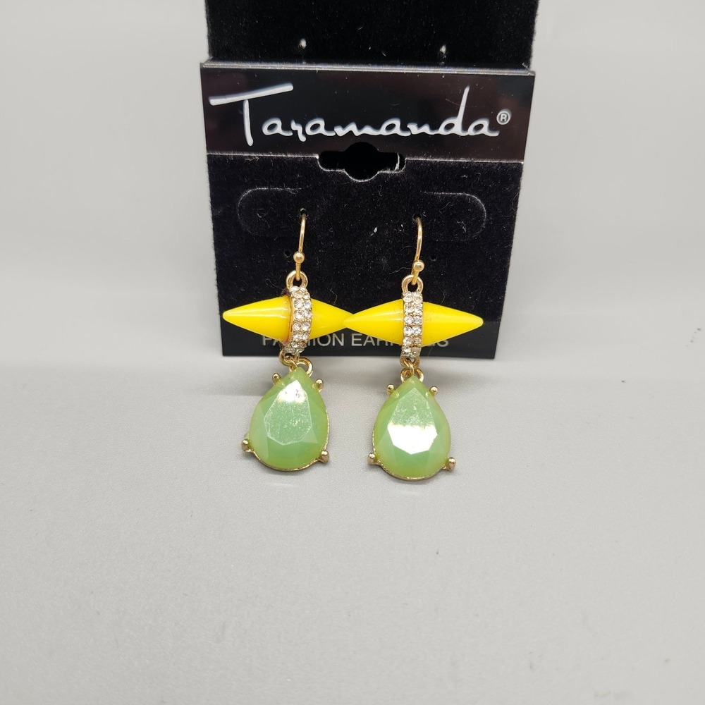 Taramanda Dangle Drop Earrings 1.75" Yellow Green Rhinestone Gold Tone
